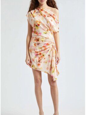 $595 NWT A.LC. Orange Pink Floral Ruched Poppy Balm Mini Dress size 6